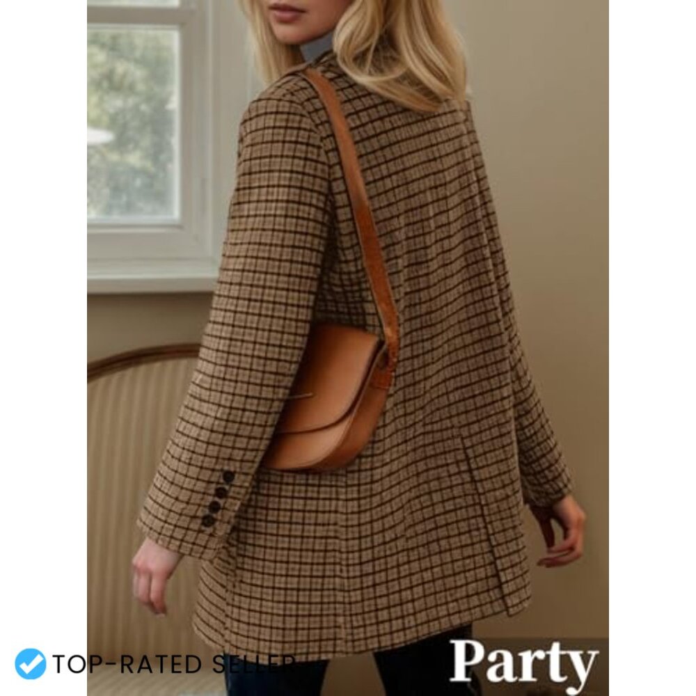 Plaid Houndstooth Wool Blazer Loose Fit Business Casual Elegant Suit Jacket - Picture 5 of 7